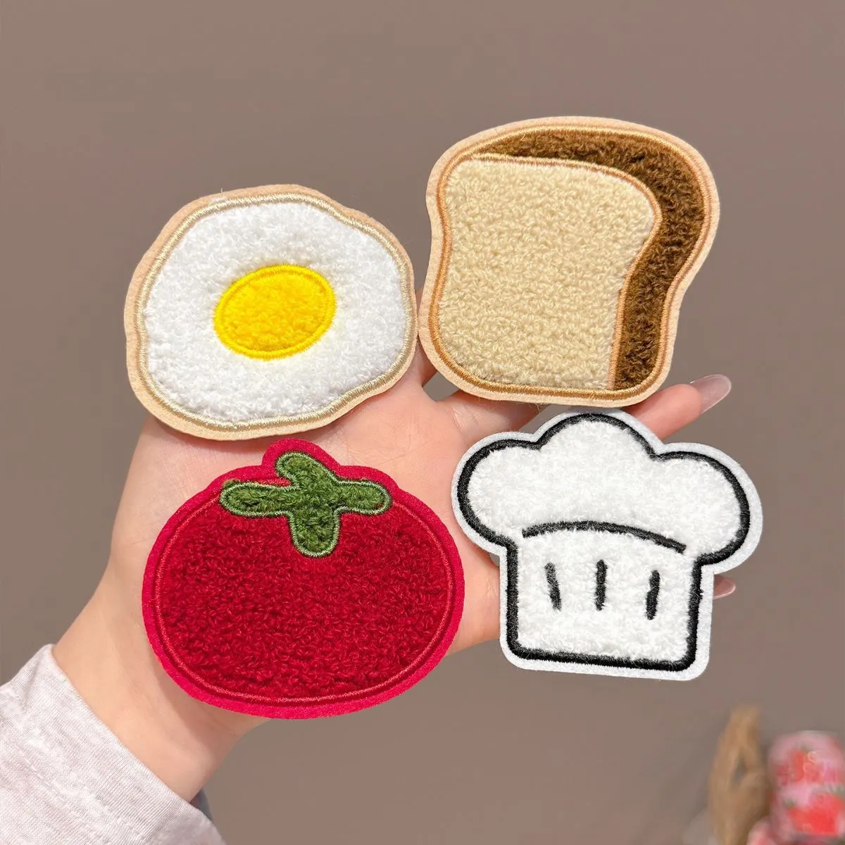 Cute Tomato Fried Egg Bread Plush Hair Clips for Kids – Food-Shaped Velcro Bangs Stickers, Flyaway Hair Tamer for Toddlers, Summer Hair Accessories for Girls